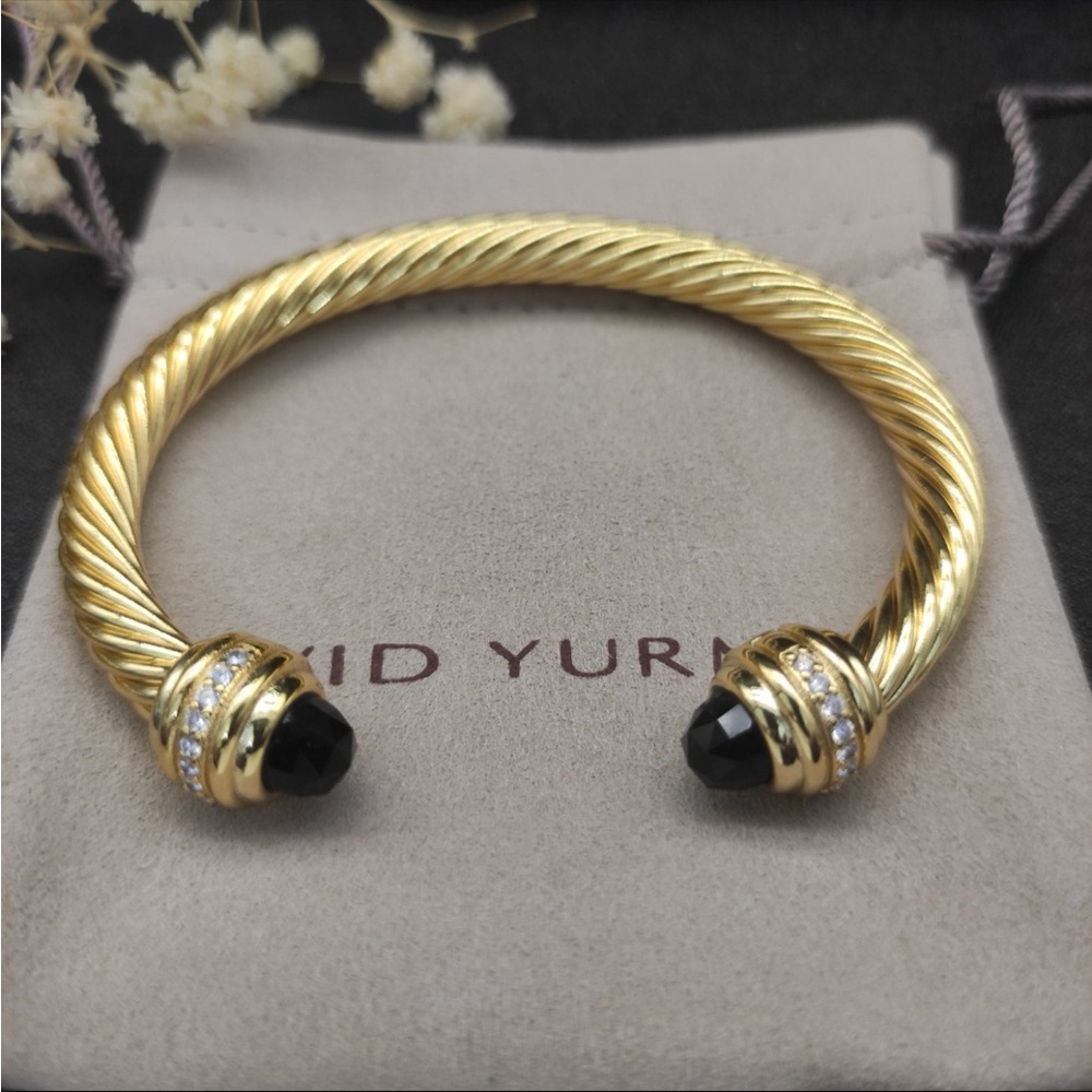 David Yurman Gold-Tone Twisted Cuff Bracelet with Black Stone End Caps 7mm